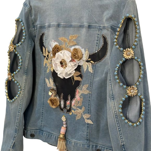 (H-219) Embellished Denim Jean Jacket Size L - Picture 3 of 12